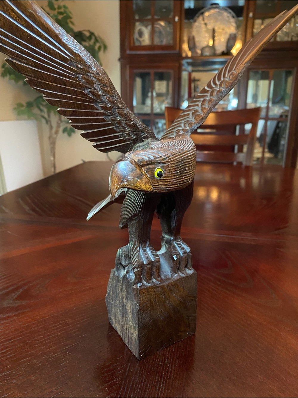 Hand carved iron wood Eagle with wide spread wings 14x14 in